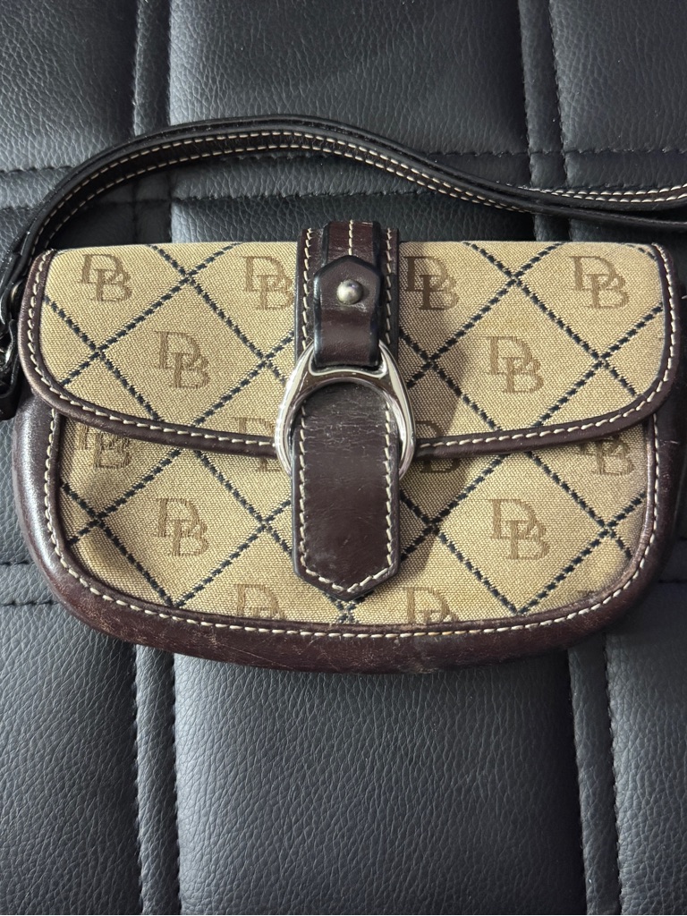 Dooney & Bourke Beige Canvas Monogram Wristlet With Brown Leather Trim